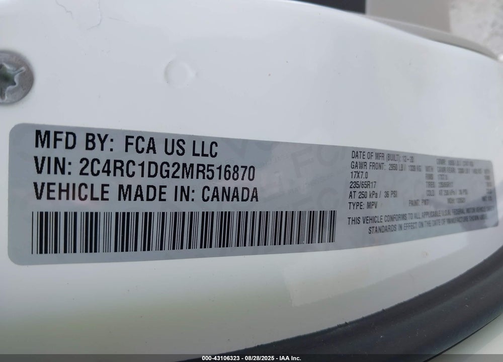 2021 CHRYSLER VOYAGER VIN: 2C4RC1DG2MR516870