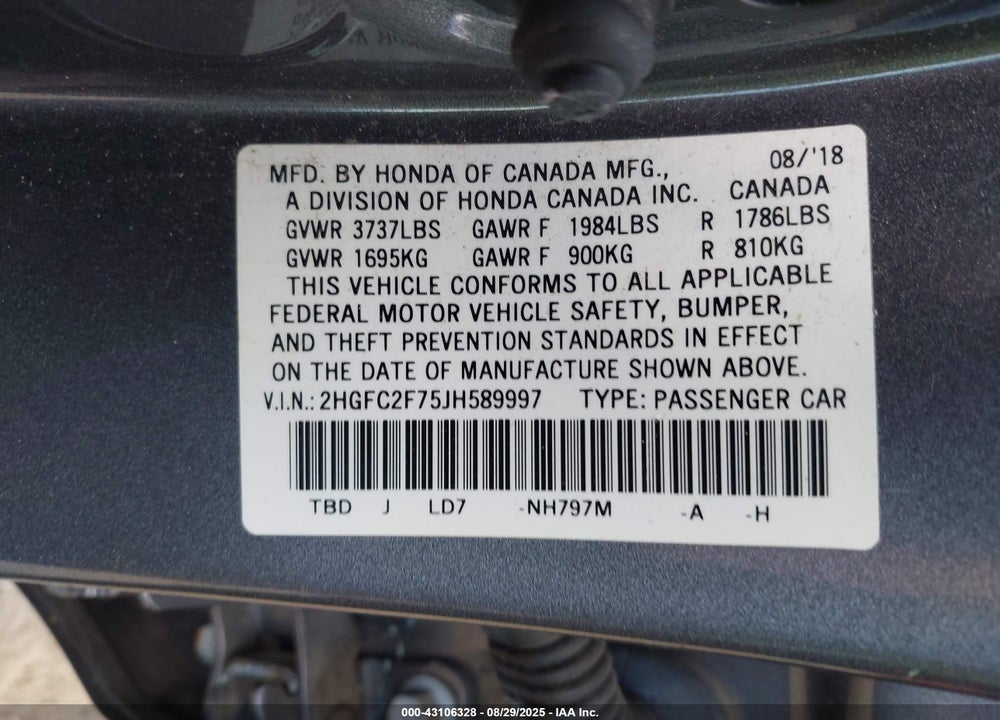 2018 HONDA CIVIC VIN: 2HGFC2F75JH589997