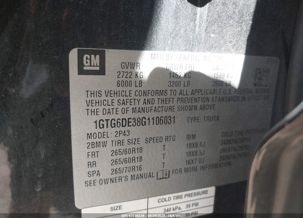 2016 GMC CANYON VIN: 1GTG6DE38G1106031