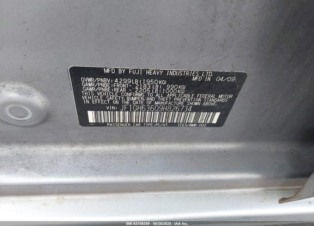 2009 SUBARU IMPREZA VIN: JF1GH63609H826734