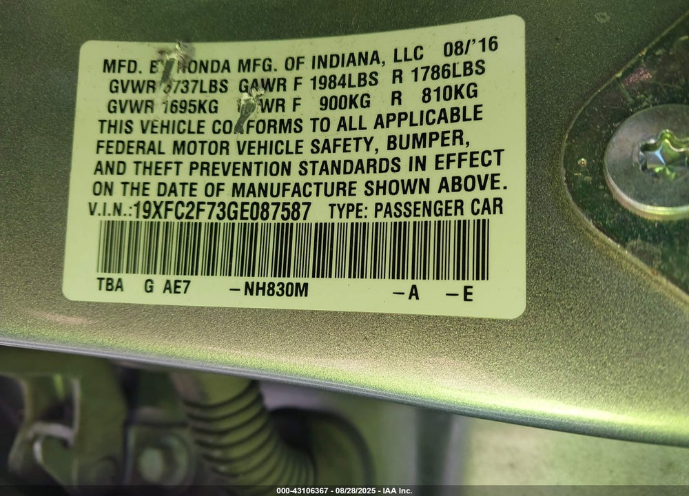 2016 HONDA CIVIC VIN: 19XFC2F73GE087587