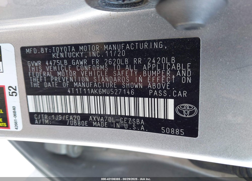 2021 TOYOTA CAMRY VIN: 4T1T11AK6MU527146