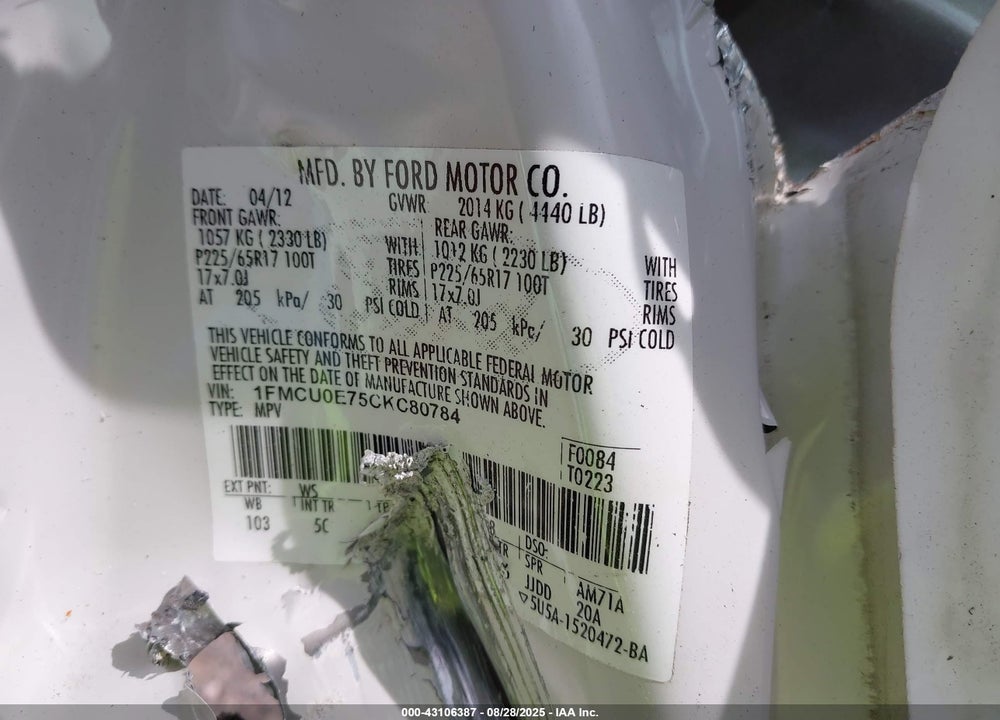 2012 FORD ESCAPE VIN: 1FMCU0E75CKC80784