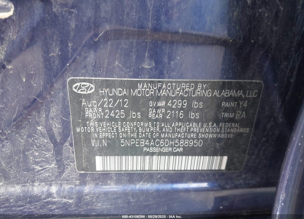 2013 HYUNDAI SONATA VIN: 5NPEB4AC6DH588950