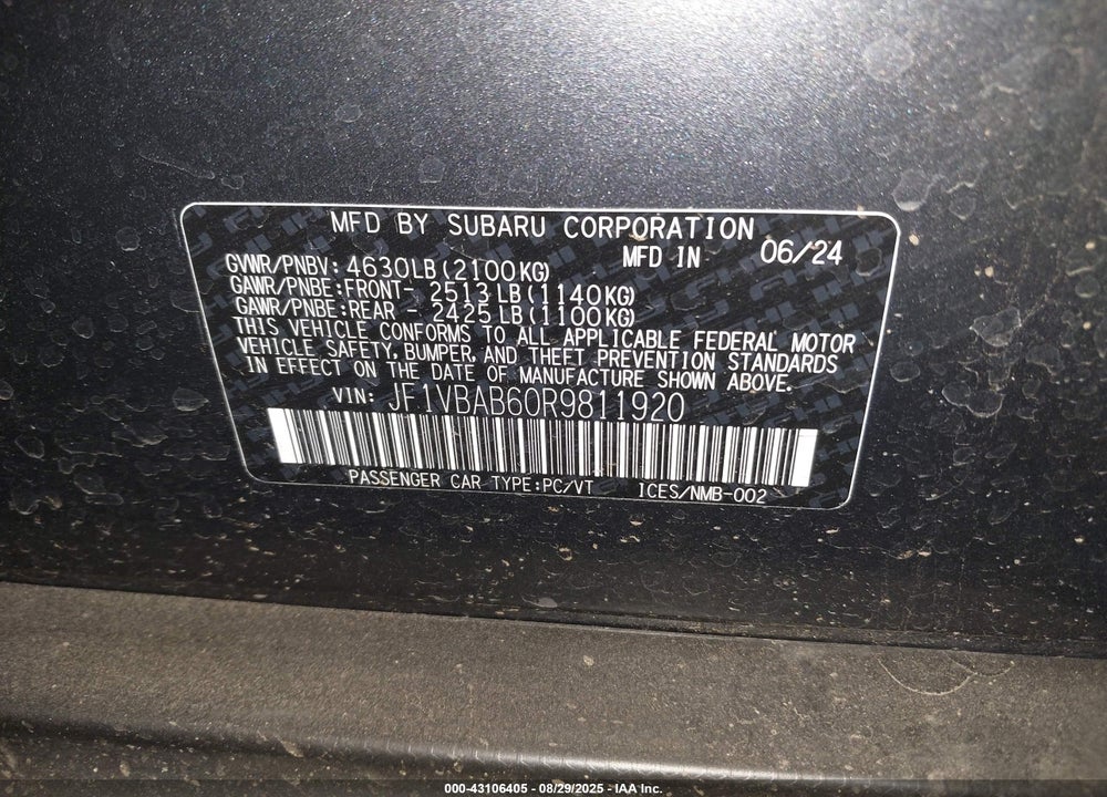2024 SUBARU WRX VIN: JF1VBAB60R9811920