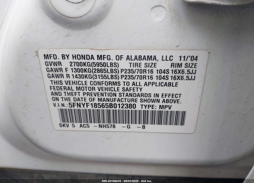 2005 HONDA PILOT EX-L VIN: 5FNYF18565B012380
