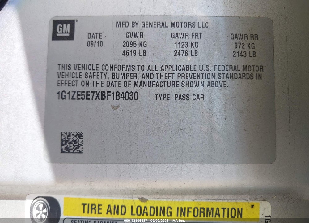 2011 CHEVROLET MALIBU LTZ VIN: 1G1ZE5E7XBF184030