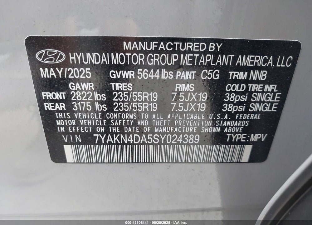 2025 HYUNDAI IONIQ 5 VIN: 7YAKN4DA5SY024389