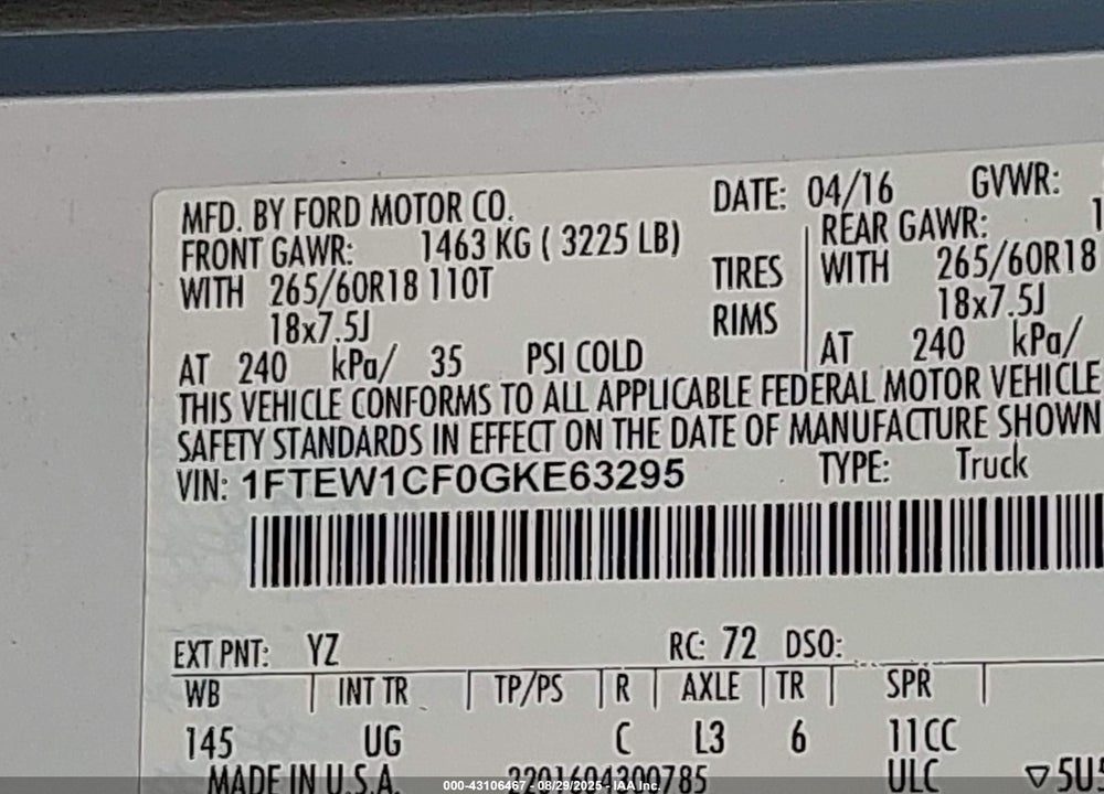 2016 FORD F-150 VIN: 1FTEW1CF0GKE63295