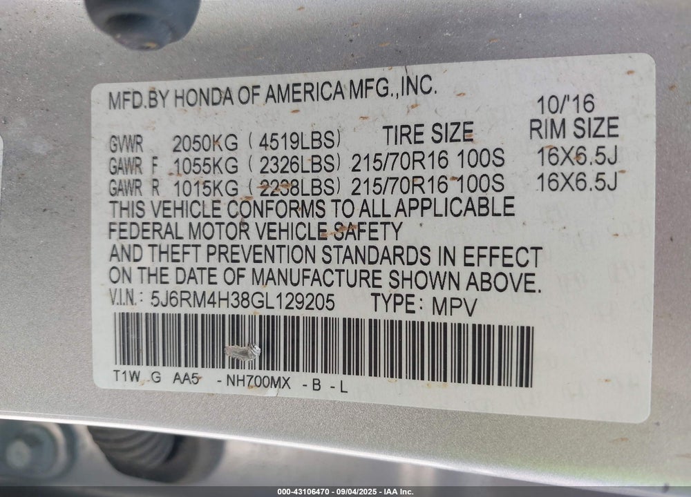 2016 HONDA CR-V LX VIN: 5J6RM4H38GL129205