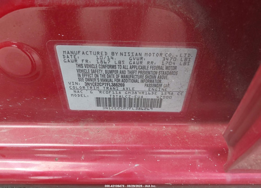 2015 NISSAN VERSA NOTE VIN: 3N1CE2CP7FL386269