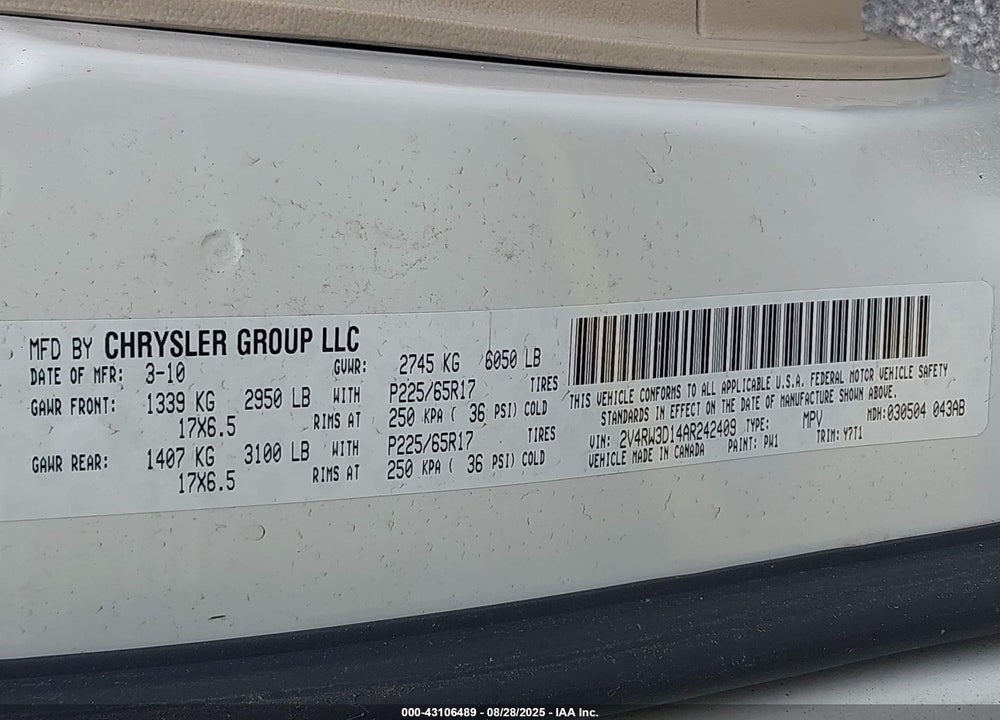 2010 VOLKSWAGEN ROUTAN SE VIN: 2V4RW3D14AR242409