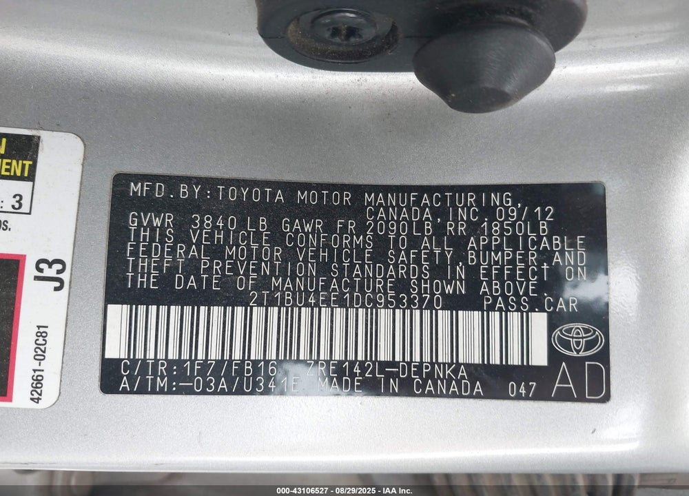 2013 TOYOTA COROLLA LE VIN: 2T1BU4EE1DC953370