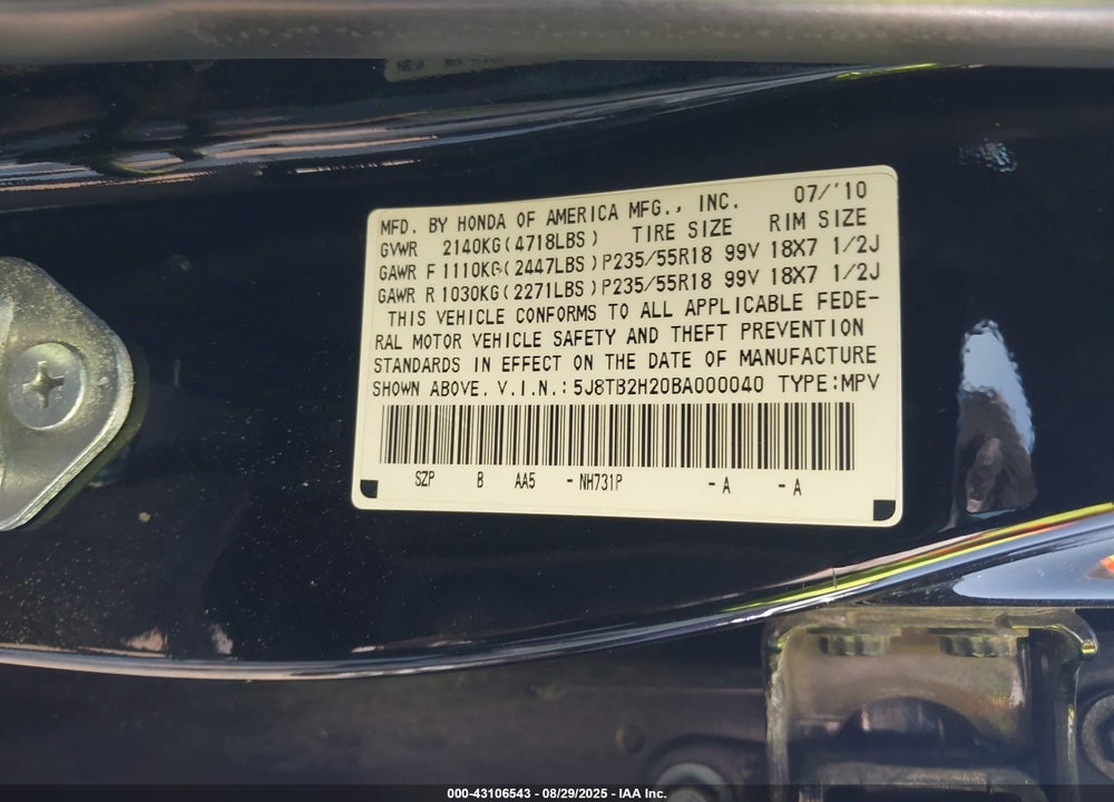 2011 ACURA RDX VIN: 5J8TB2H20BA000040