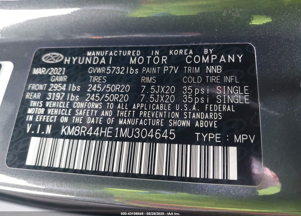 2021 HYUNDAI PALISADE VIN: KM8R44HE1MU304645