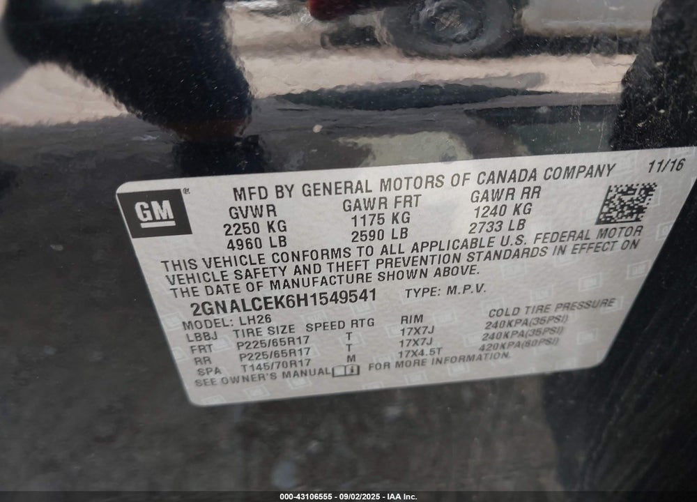 2017 CHEVROLET EQUINOX LT VIN: 2GNALCEK6H1549541
