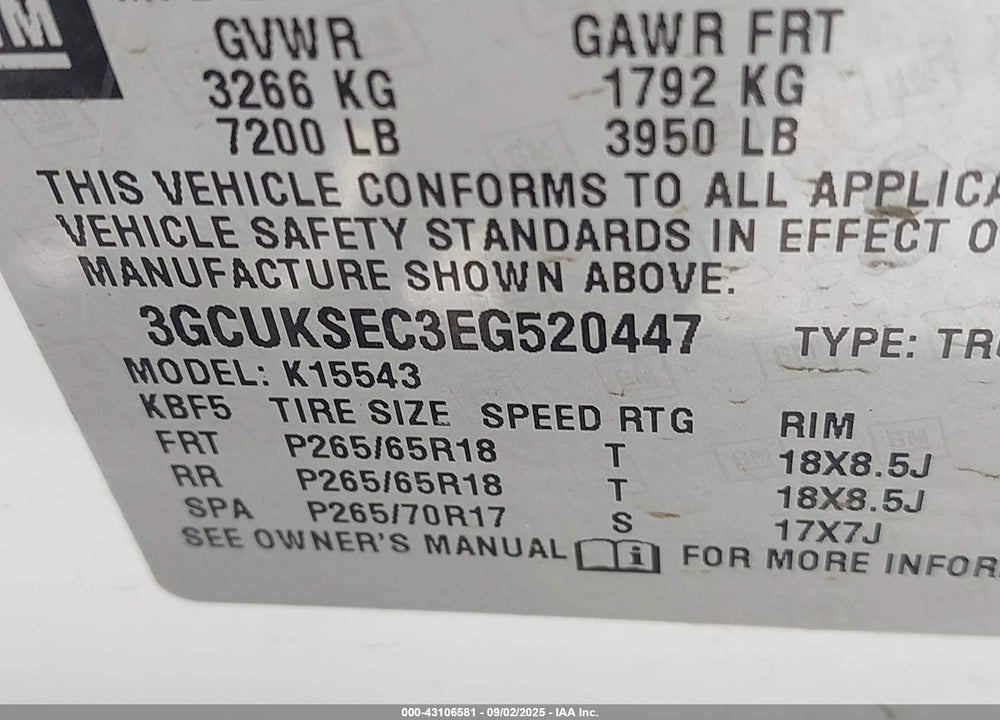 2014 CHEVROLET SILVERADO 1500 VIN: 3GCUKSEC3EG520447