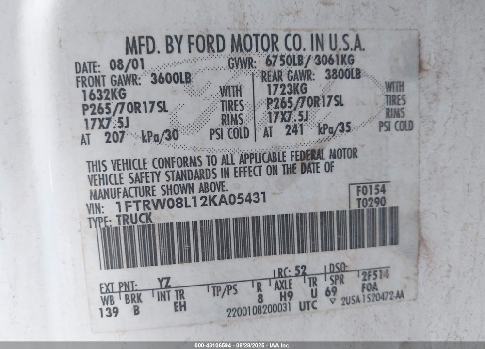 2002 FORD F-150 LARIAT/XLT VIN: 1FTRW08L12KA05431