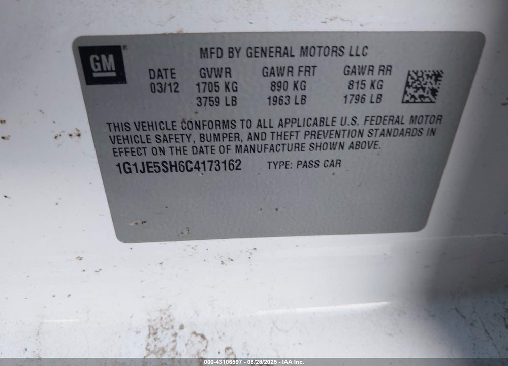 2012 CHEVROLET SONIC VIN: 1G1JE5SH6C4173162