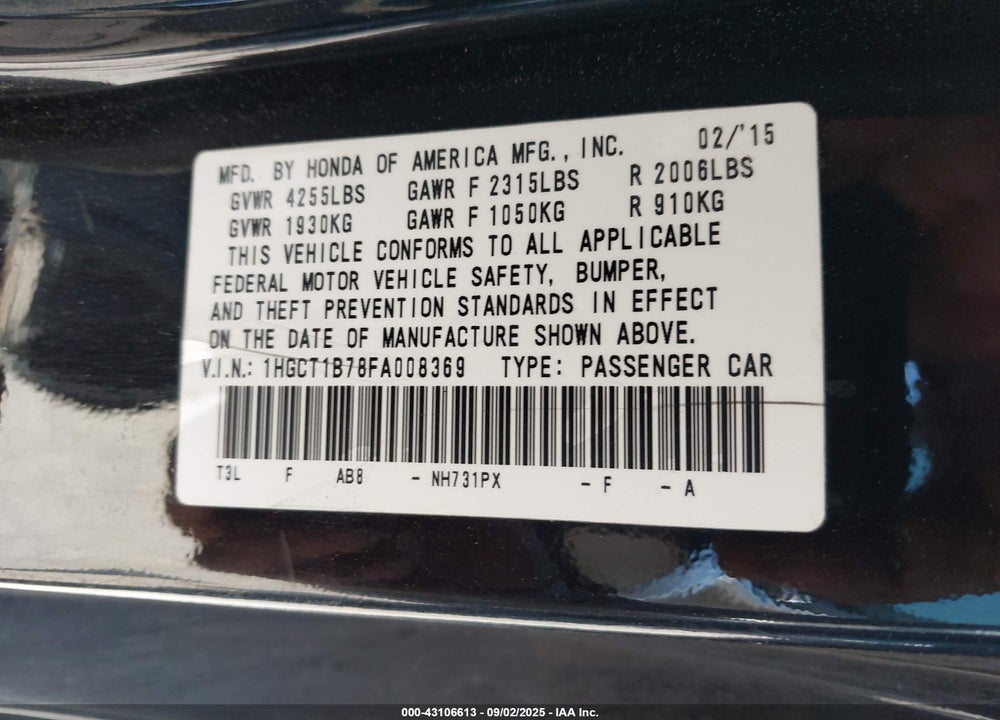 2015 HONDA ACCORD EX VIN: 1HGCT1B78FA008369