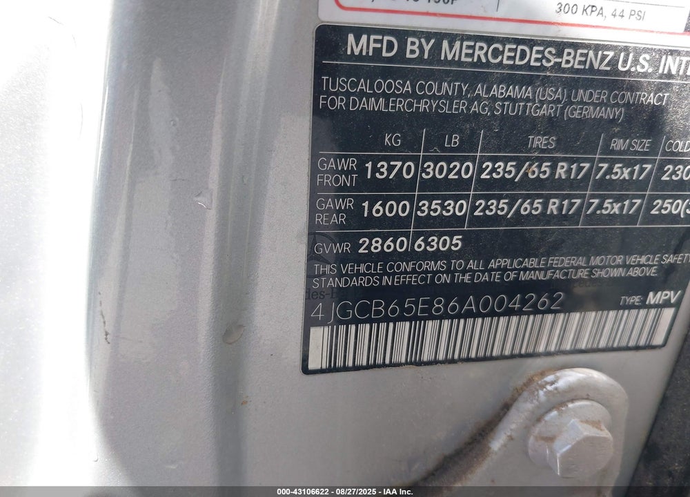 2006 MERCEDES-BENZ R 350 4MATIC VIN: 4JGCB65E86A004262