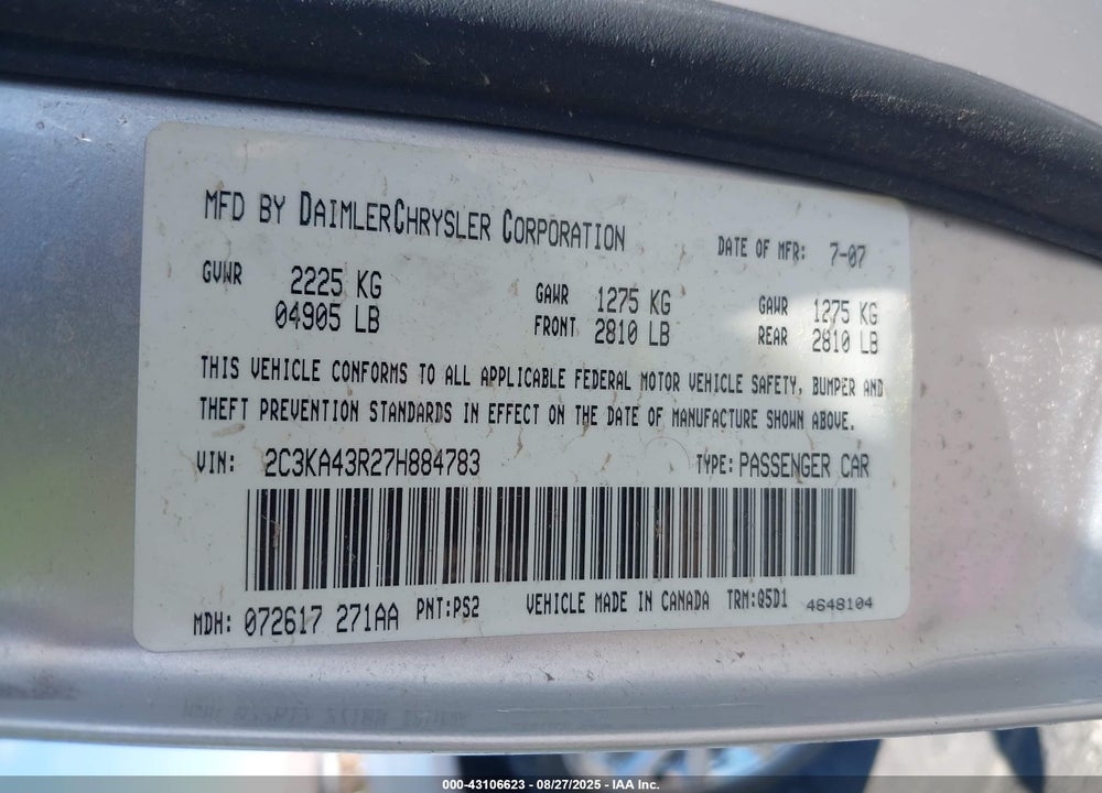2007 CHRYSLER 300 VIN: 2C3KA43R27H884783
