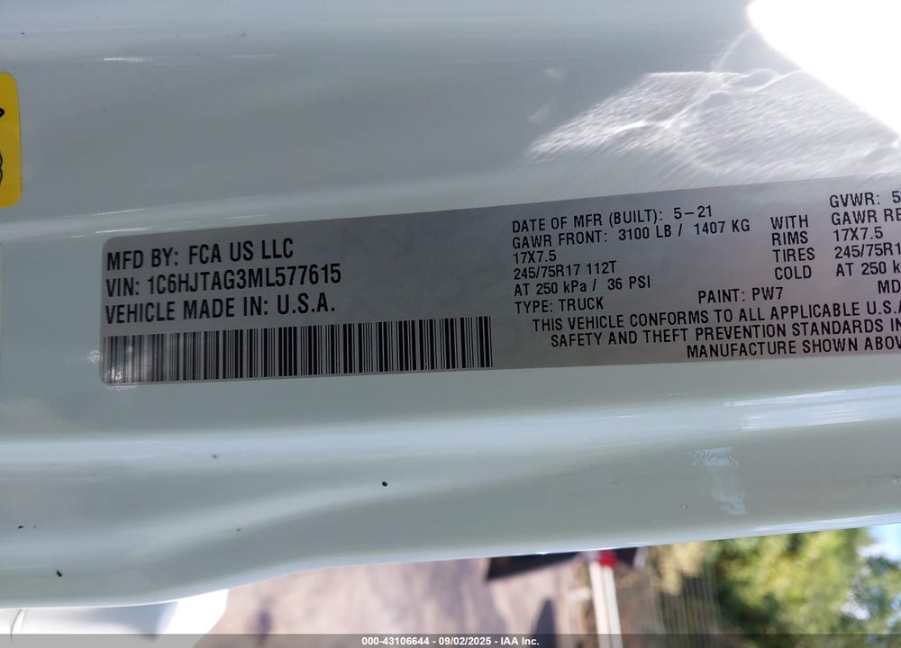 2021 JEEP GLADIATOR FREEDOM 4X4 VIN: 1C6HJTAG3ML577615