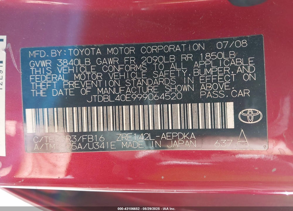 2009 TOYOTA COROLLA VIN: JTDBL40E999064520