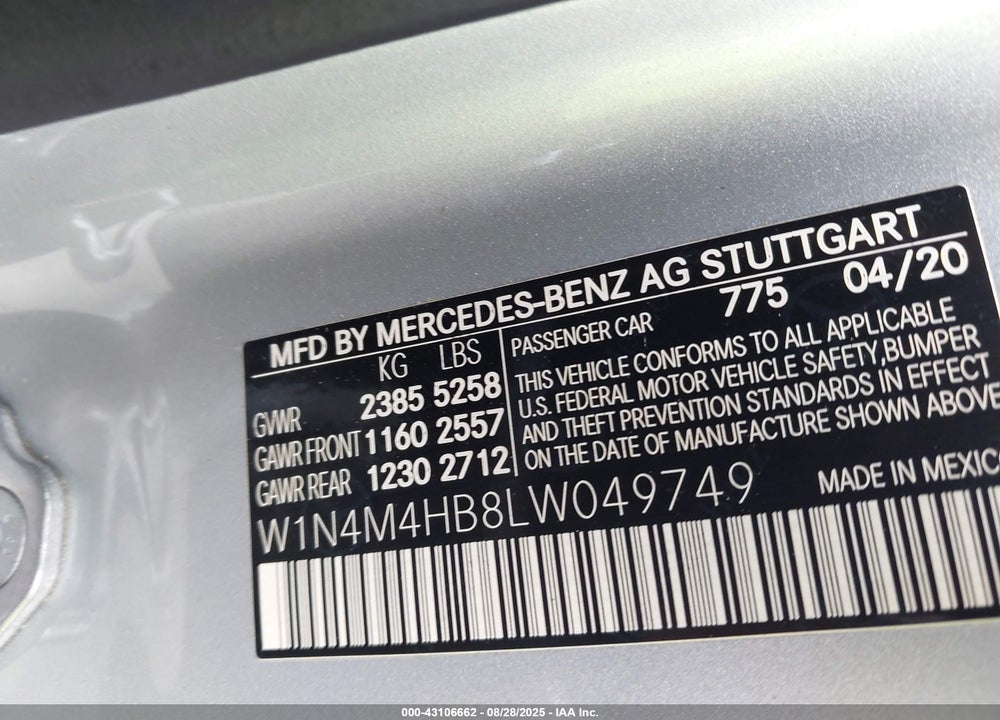 2020 MERCEDES-BENZ GLB 250 4MATIC VIN: W1N4M4HB8LW049749