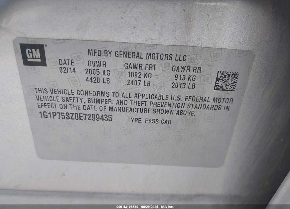 2014 CHEVROLET CRUZE VIN: 1G1P75SZ0E7299435