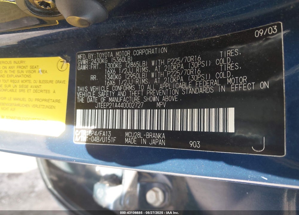 2004 TOYOTA HIGHLANDER V6 VIN: JTEEP21A440002727