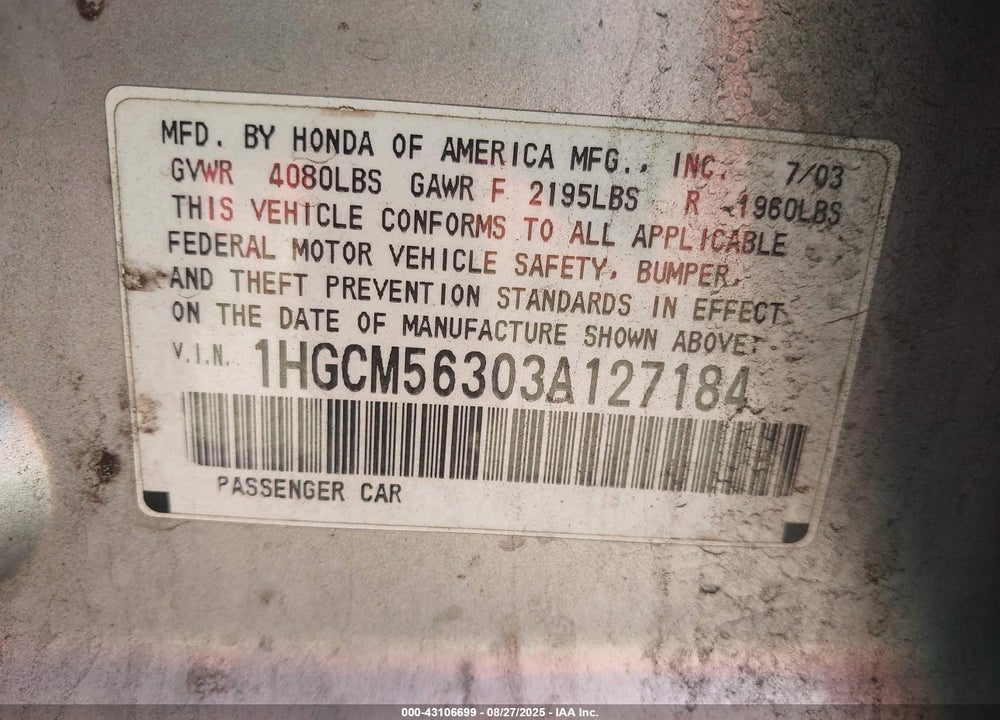 2003 HONDA ACCORD 2.4 LX VIN: 1HGCM56303A127184