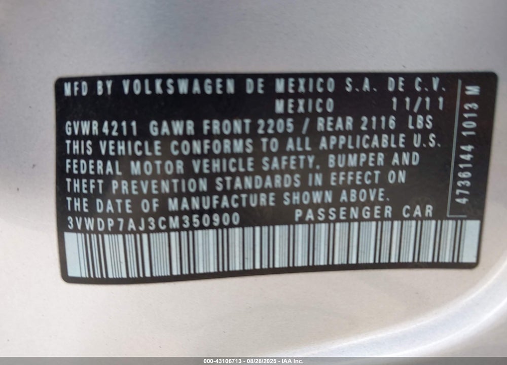 2012 VOLKSWAGEN JETTA 2.5L SE VIN: 3VWDP7AJ3CM350900