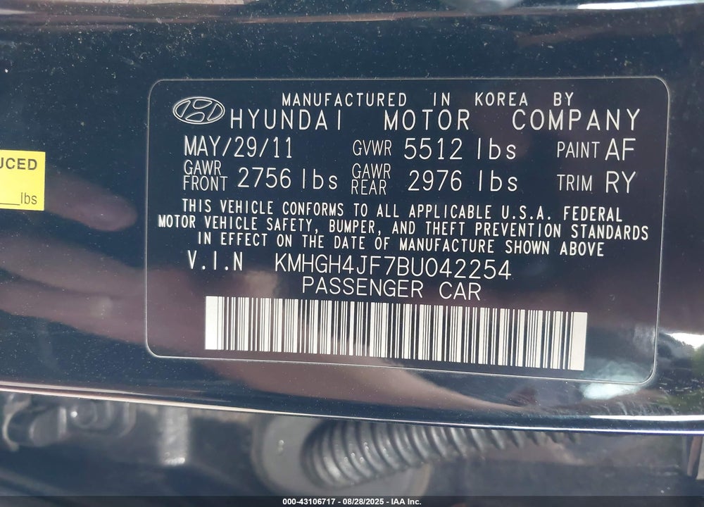 2011 HYUNDAI EQUUS VIN: KMHGH4JF7BU042254