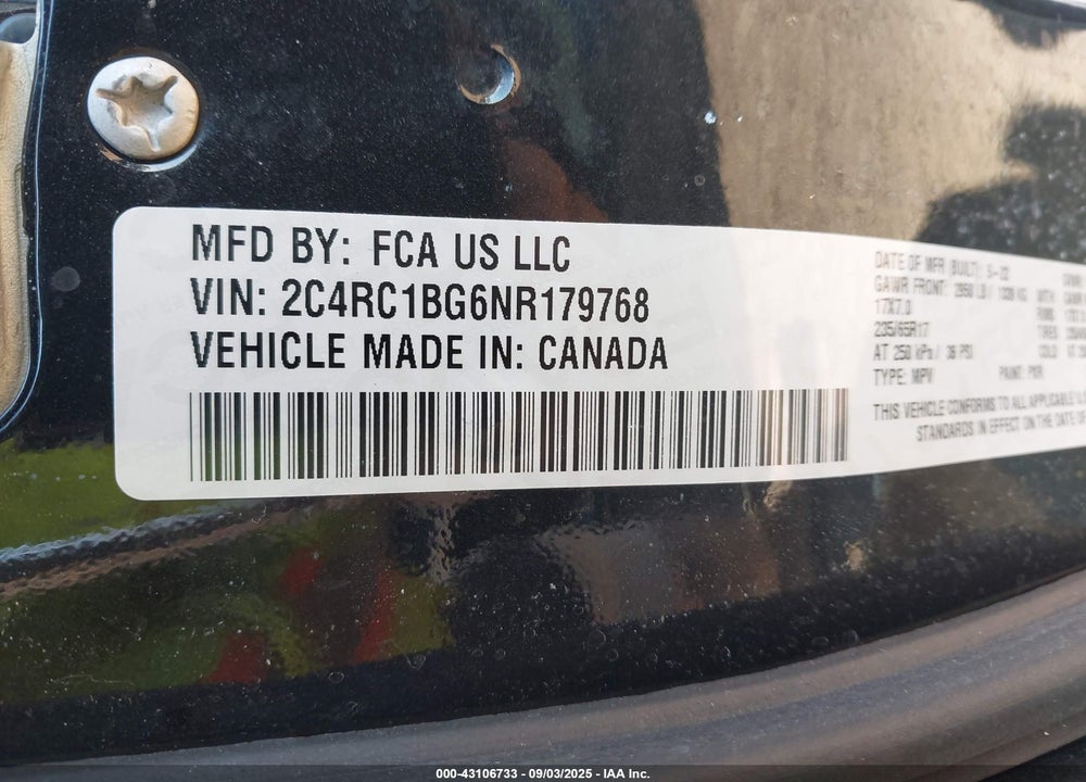 2022 CHRYSLER PACIFICA TOURING L VIN: 2C4RC1BG6NR179768