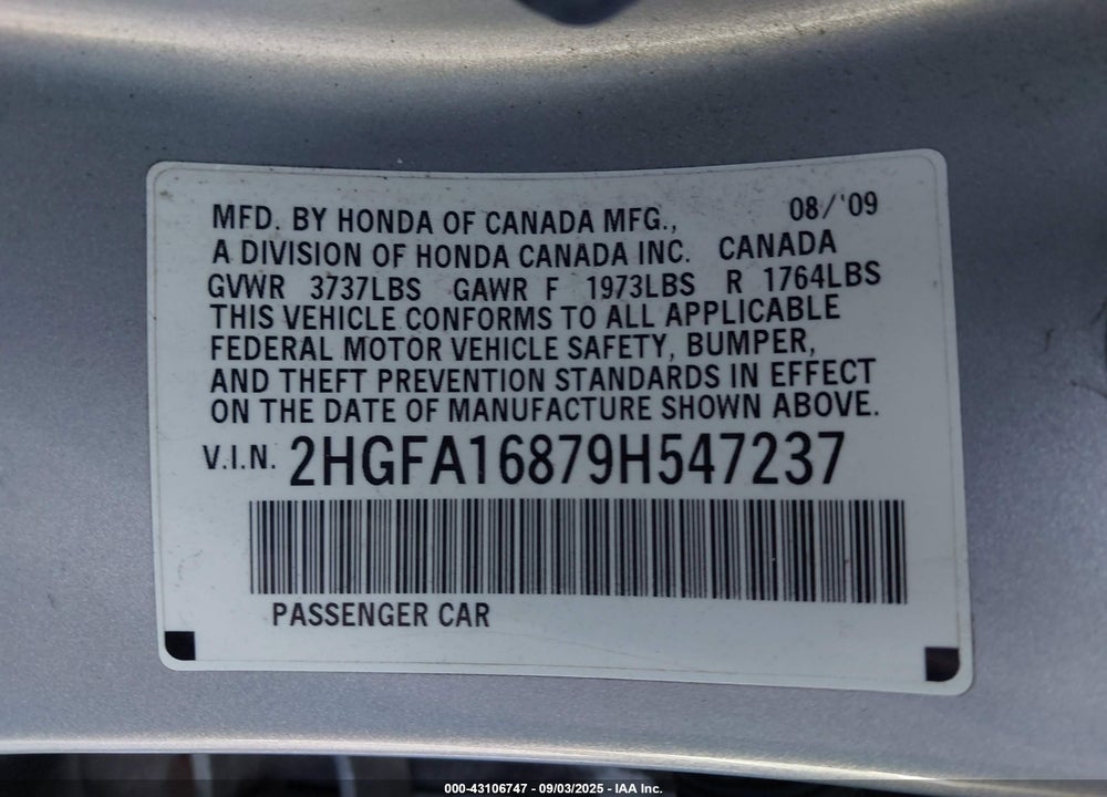 2009 HONDA CIVIC VIN: 2HGFA16879H547237