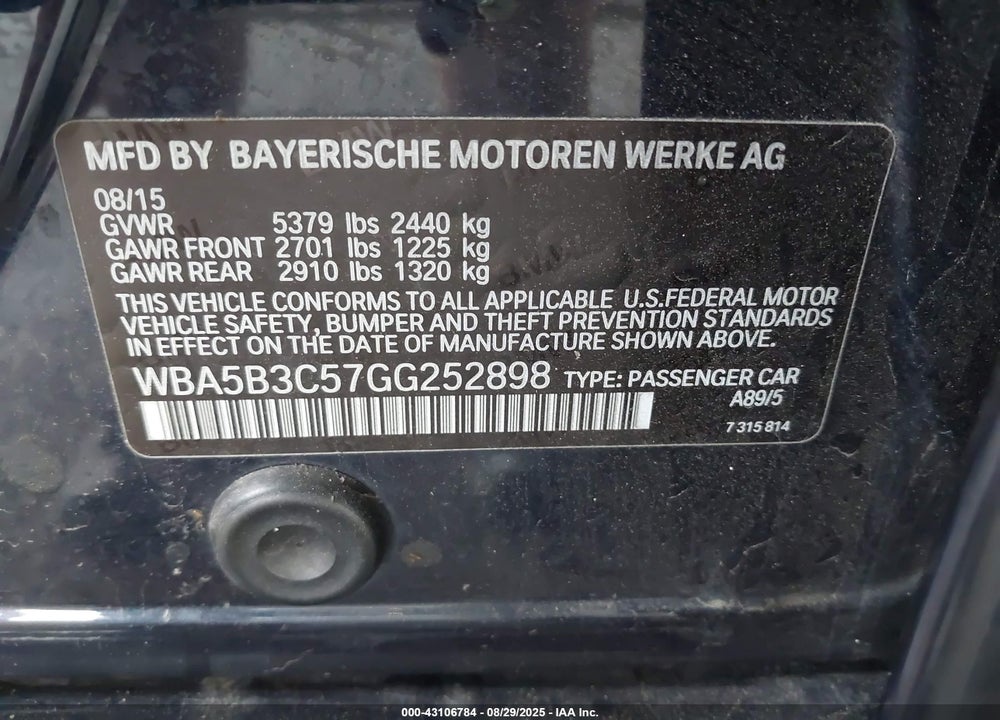 2016 BMW 5 SERIES VIN: WBA5B3C57GG252898