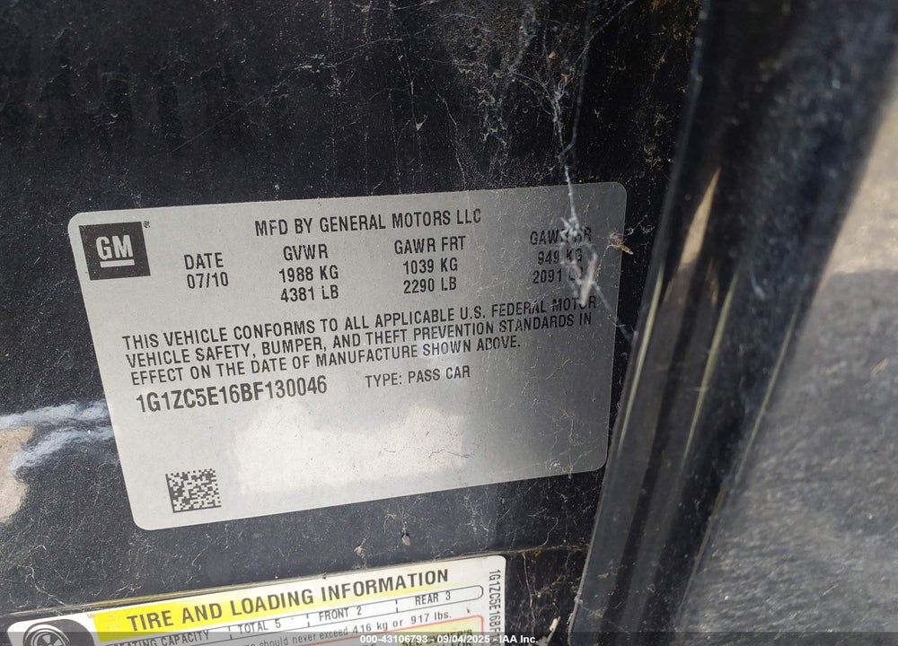 2011 CHEVROLET MALIBU VIN: 1G1ZC5E16BF130046