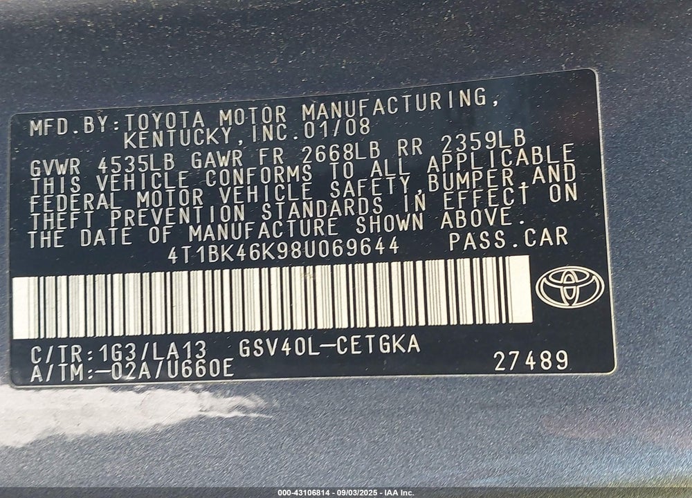 2008 TOYOTA CAMRY XLE V6 VIN: 4T1BK46K98U069644