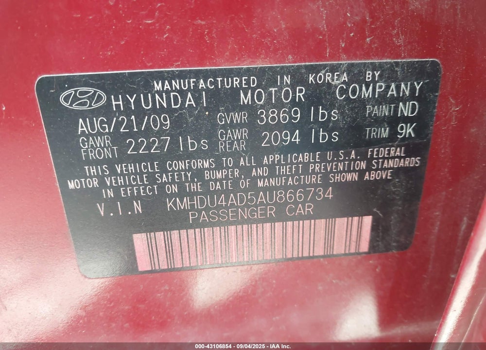 2010 HYUNDAI ELANTRA GLS VIN: KMHDU4AD5AU866734