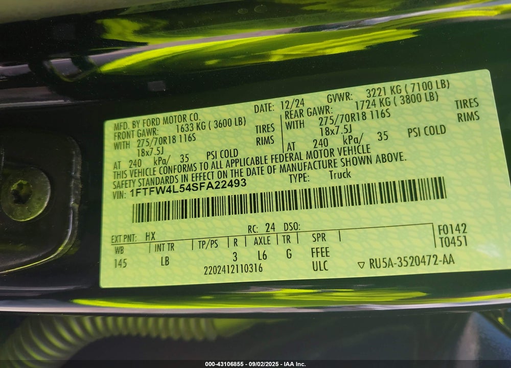 2025 FORD F-150 TREMOR VIN: 1FTFW4L54SFA22493