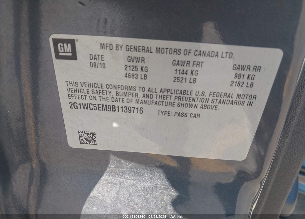 2011 CHEVROLET IMPALA VIN: 2G1WC5EM9B1139716