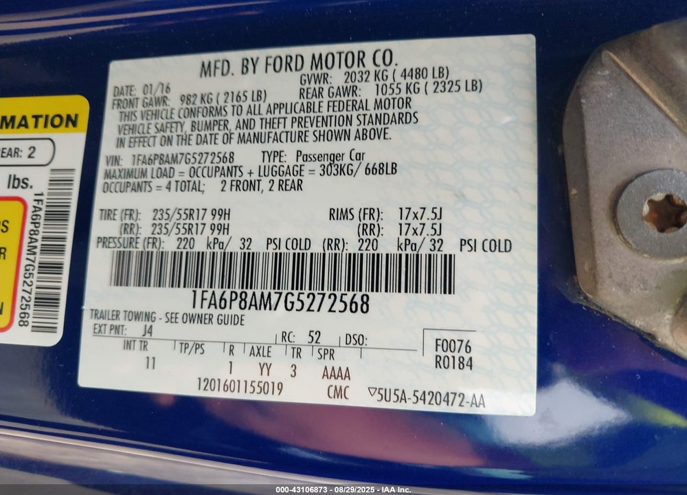 2016 FORD MUSTANG VIN: 1FA6P8AM7G5272568