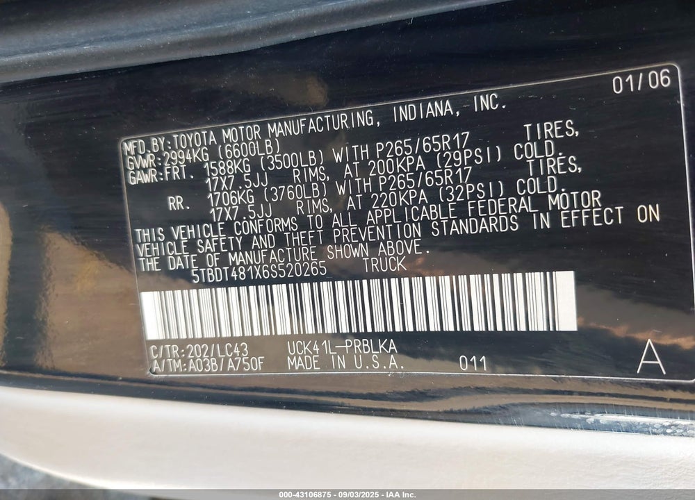 2006 TOYOTA TUNDRA LIMITED V8 VIN: 5TBDT481X6S520265