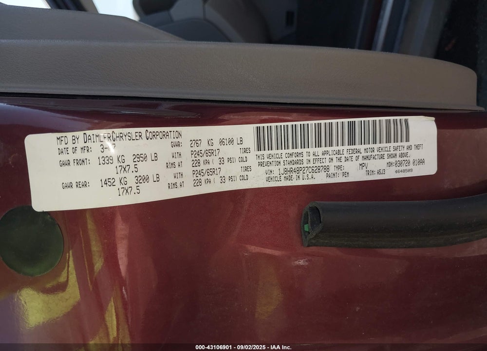2007 JEEP GRAND CHEROKEE LAREDO VIN: 1J8HR48P27C628788