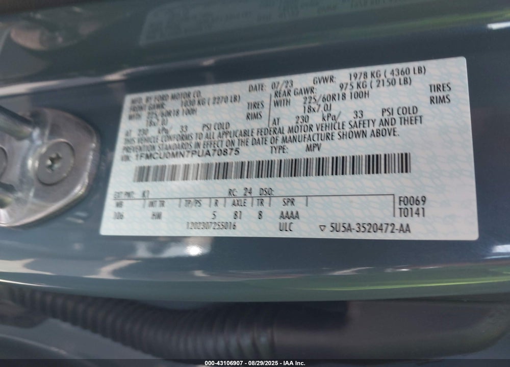 2023 FORD ESCAPE VIN: 1FMCU0MN7PUA70875