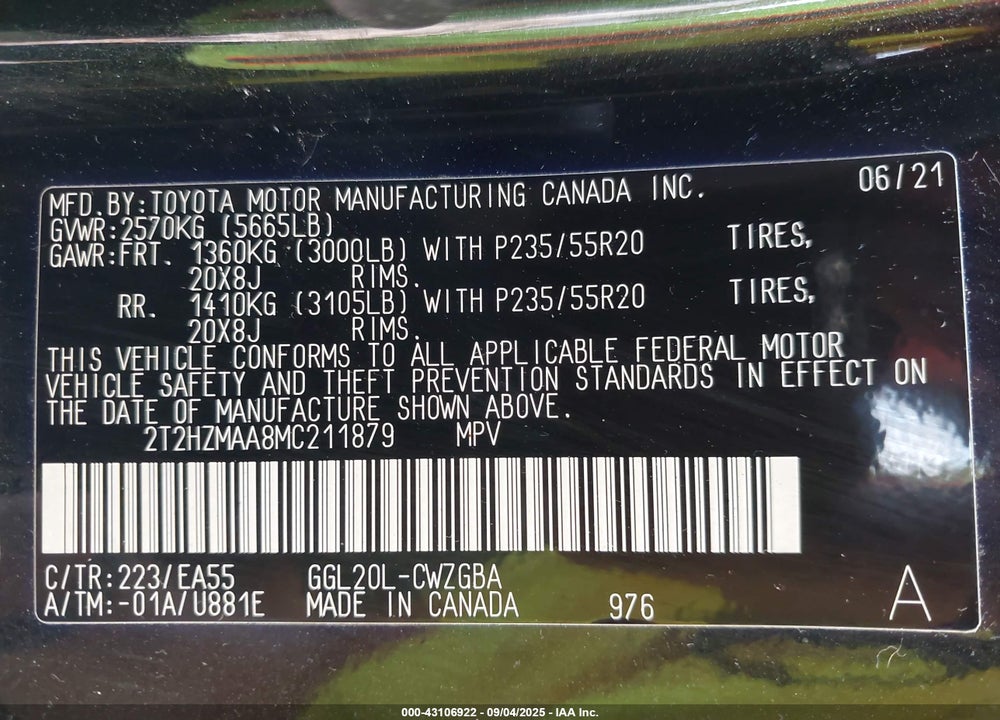 2021 LEXUS RX 350 VIN: 2T2HZMAA8MC211879