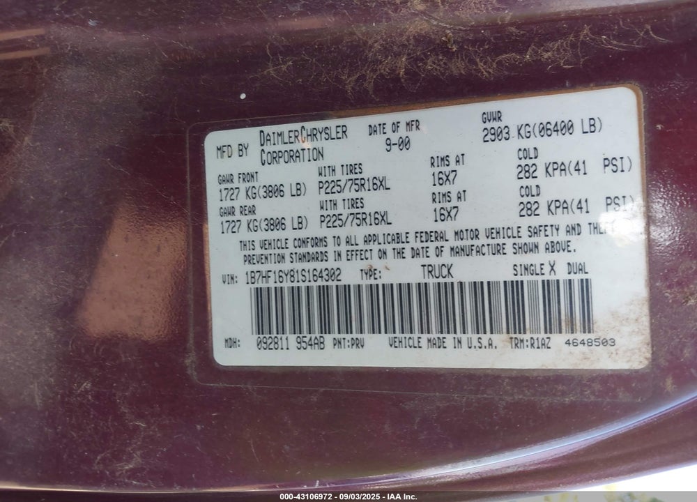 2001 DODGE RAM 1500 ST VIN: 1B7HF16Y81S164302