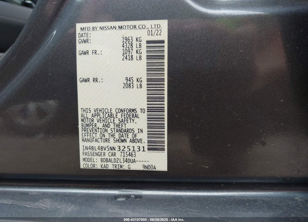 2022 NISSAN ALTIMA VIN: 1N4BL4BV5NN325131