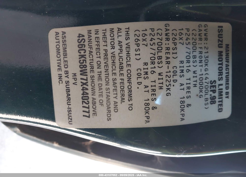 1999 HONDA PASSPORT EX/LX VIN: 4S6CK58W7X4402777